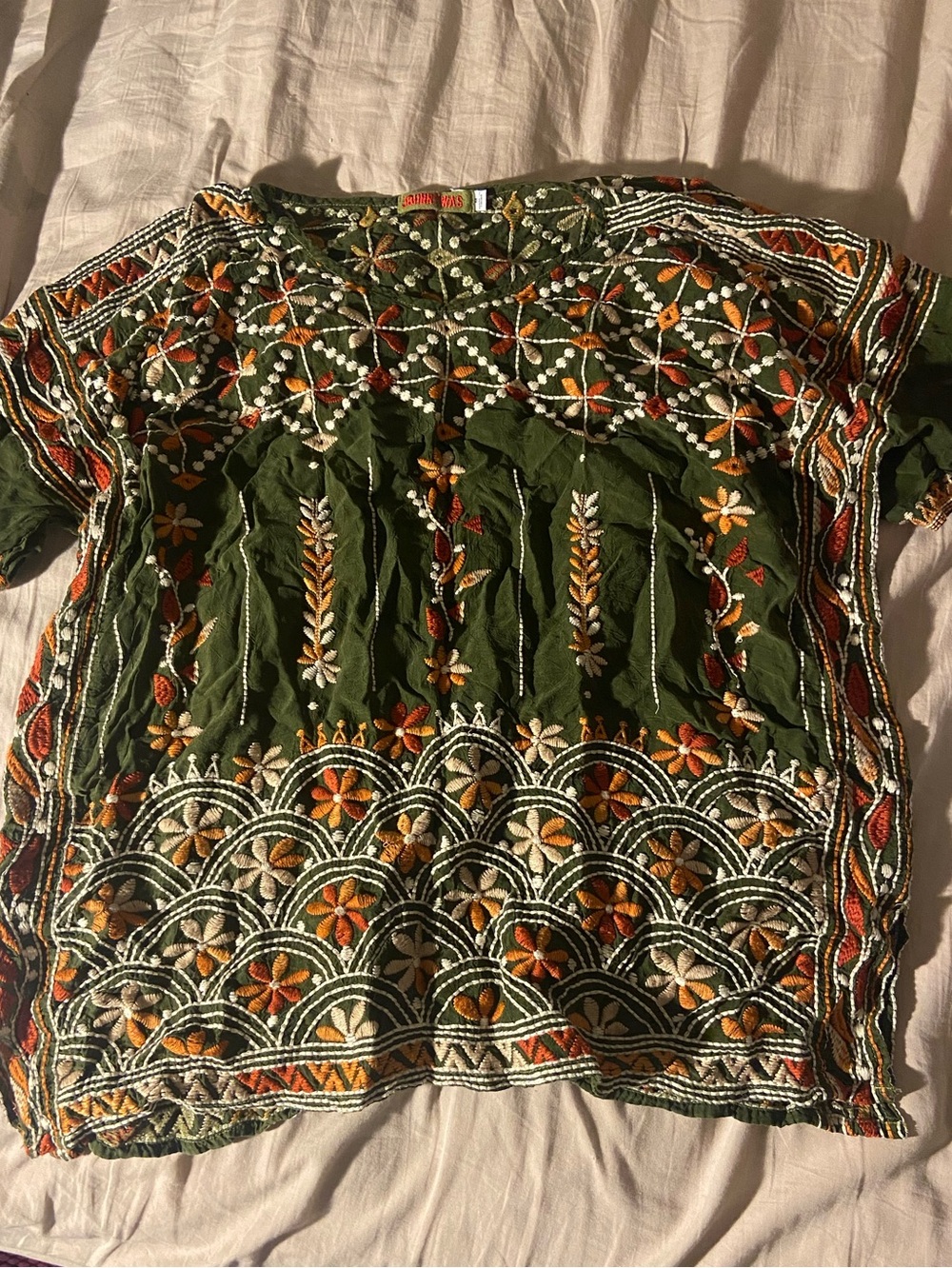 Johnny Was Olive Green Embroidered Floral Blouse